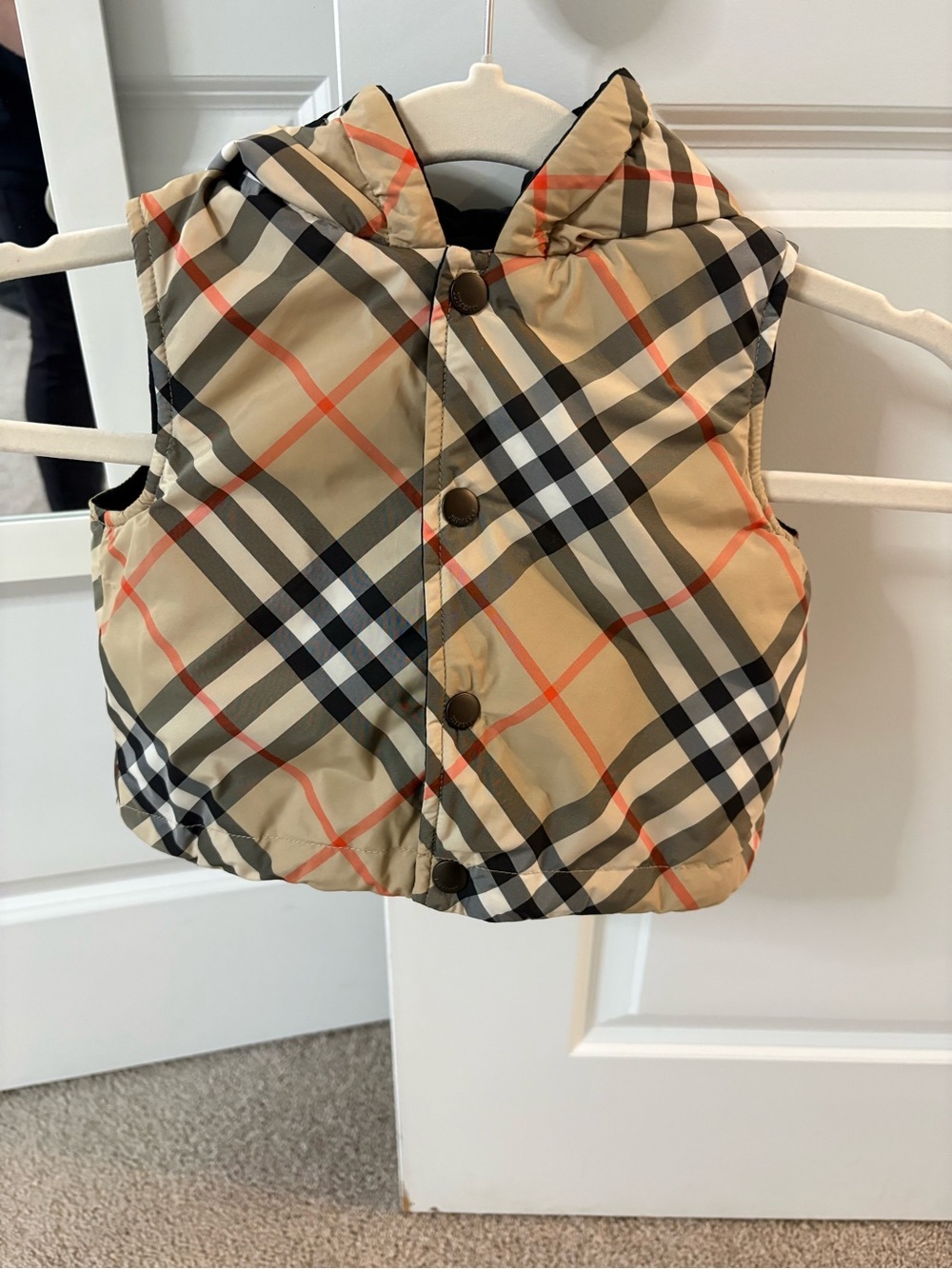 Burberry Beige Plaid Hooded Quilted Kids Vest
